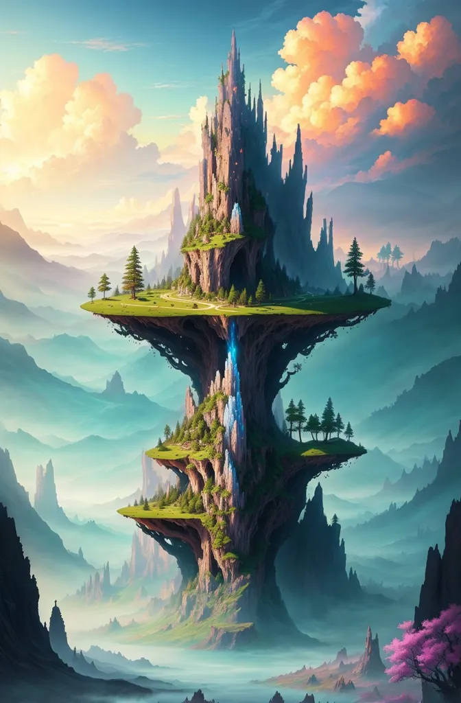 The image is a fantasy landscape. There is a floating island with a castle on top of it. The island is surrounded by mountains and there are waterfalls coming down from the island. The sky is blue and there are some clouds in the sky. The castle is made of stone and has a tower on top of it. The image is very detailed and realistic.