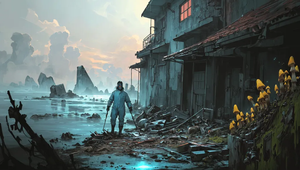 The image is set in a post-apocalyptic world. The sky is dark and cloudy, and the ground is covered in debris. There is a house in the background, and a man is standing in front of it. The man is wearing a hazmat suit, and he is carrying a gun. There are also mushrooms growing on the ground.