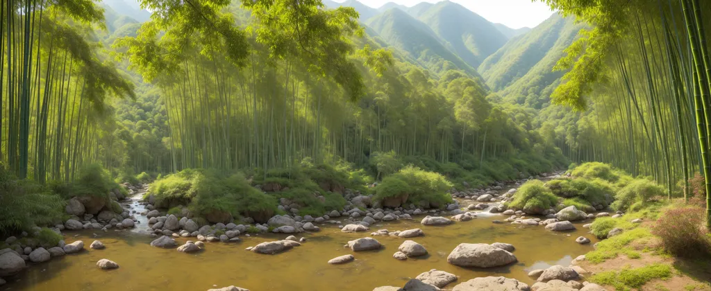 The image is a panoramic landscape of a bamboo forest with a river running through it. The bamboo is tall and green, and the leaves are lush. The river is wide and shallow, and the water is clear. There are rocks and boulders in the river, and the banks are covered in moss and ferns. The forest is dense and shady, and the air is filled with the sound of the wind rustling through the leaves. The image is peaceful and serene, and it captures the beauty of the natural world.