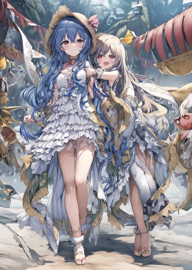 The image depicts two young women in a tropical setting. The woman on the left has long blue hair and is wearing a white dress with a straw hat. She is smiling and has her arm around the shoulder of the woman on the right. The woman on the right has long white hair and is wearing a white dress with a yellow sash. She is also smiling and has her arm around the waist of the woman on the left. There are palm trees and other tropical plants in the background.