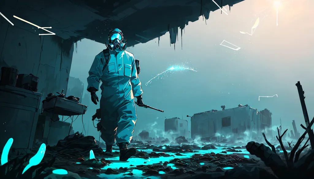 The image is set in a post-apocalyptic world. The ground is covered in debris and there are ruined buildings in the background. The sky is dark and there are no visible stars. The only light comes from the few scattered streetlights and the glow of the moon. A man in a hazmat suit is walking through the wasteland. He is carrying a gun and a flashlight. He looks around cautiously, as if he is expecting danger. The image is full of mystery and suspense. It leaves the viewer wondering what happened to the world and what the man is doing there.