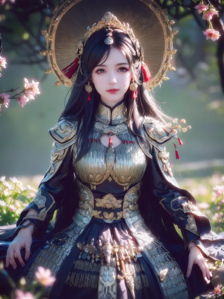 This is an image of a beautiful woman with long black hair and red and gold armor. She is sitting in a garden with pink flowers. She is wearing a golden headpiece and has red earrings. Her armor has intricate designs and red tassels.