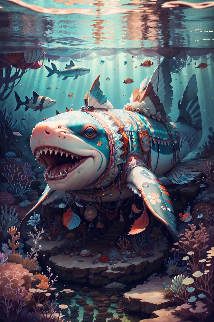 This image shows a large, white shark-like creature with blue and yellow stripes swimming in a coral reef. The shark has a large, open mouth and is surrounded by small fish. The shark is decorated with various objects including a crown, necklace, and earrings. The background of the image is a blue ocean with a coral reef and various fish swimming around.