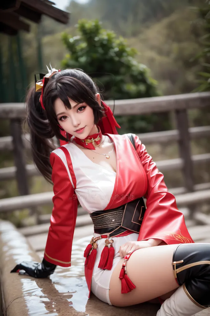 The picture shows a young woman in a red and white kimono-style outfit. She is sitting on a stone railing, with one leg crossed over the other. She has long black hair, red eyes, and is wearing a white and red bow in her hair. She is also wearing a necklace and a belt with a large red tassel. She is sitting in a courtyard with a wooden fence to her right and trees and buildings in the background.