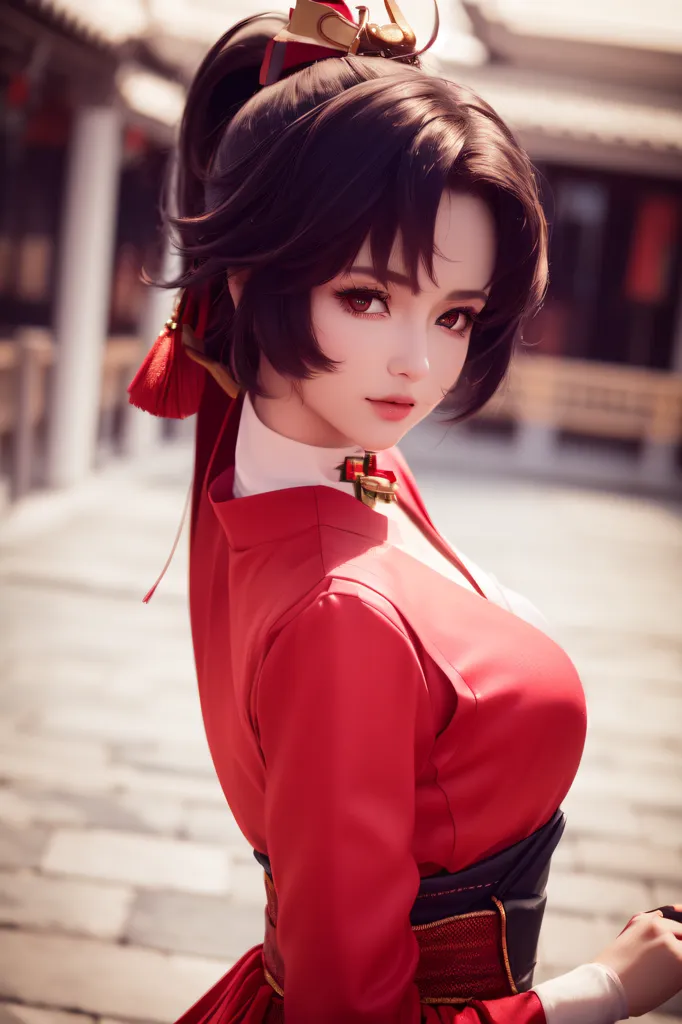 The image shows a young woman with long brown hair and brown eyes. She is wearing a red and black cheongsam with a high collar and a long slit on one side. The cheongsam is trimmed with gold and has a red and gold sash at the waist. She is also wearing a red and gold hairpiece and a pair of red earrings. The background is a blurred image of a Chinese courtyard.