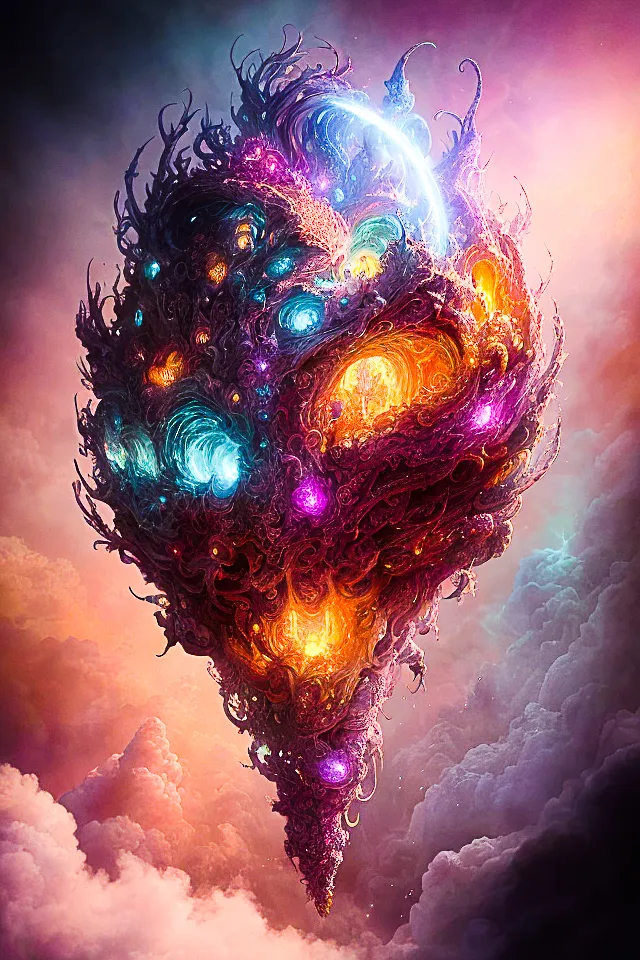 The image is a depiction of a surreal, otherworldly landscape. The central focus is a large, bulbous object that seems to be floating in the air. The object resembles a mix between a brain and a coral reef, with intricate, organic-looking structures covering its surface. It is adorned with glowing lights and crystals of various colors, giving it an ethereal, almost magical appearance.

The background is filled with swirling clouds that seem to be composed of the same vibrant colors as the object in the foreground. The overall effect is one of awe and wonder, as the viewer is transported to a realm that seems both alien and familiar.