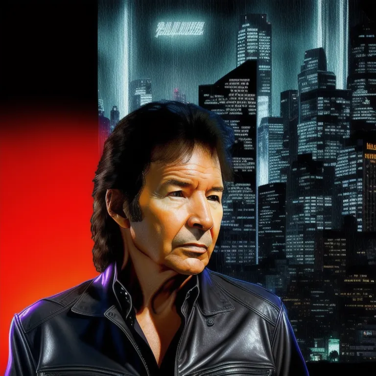 This is an image of a man in front of a city. The man is wearing a black leather jacket and has dark hair and brown eyes. He is looking at the viewer with a serious expression. The city is in the background and is depicted as a dark and rainy cityscape. The image is a digital painting and has a dark and moody feel to it.