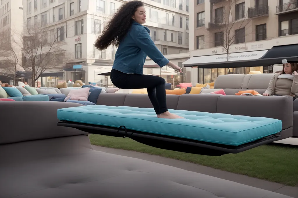 The image shows a young woman with long curly hair jumping on a mattress. She is wearing a blue denim jacket and black leggings. The mattress is floating in the air above a city street. There are buildings and trees in the background. The woman is smiling and looks happy. There is another woman sitting on a couch in the background.