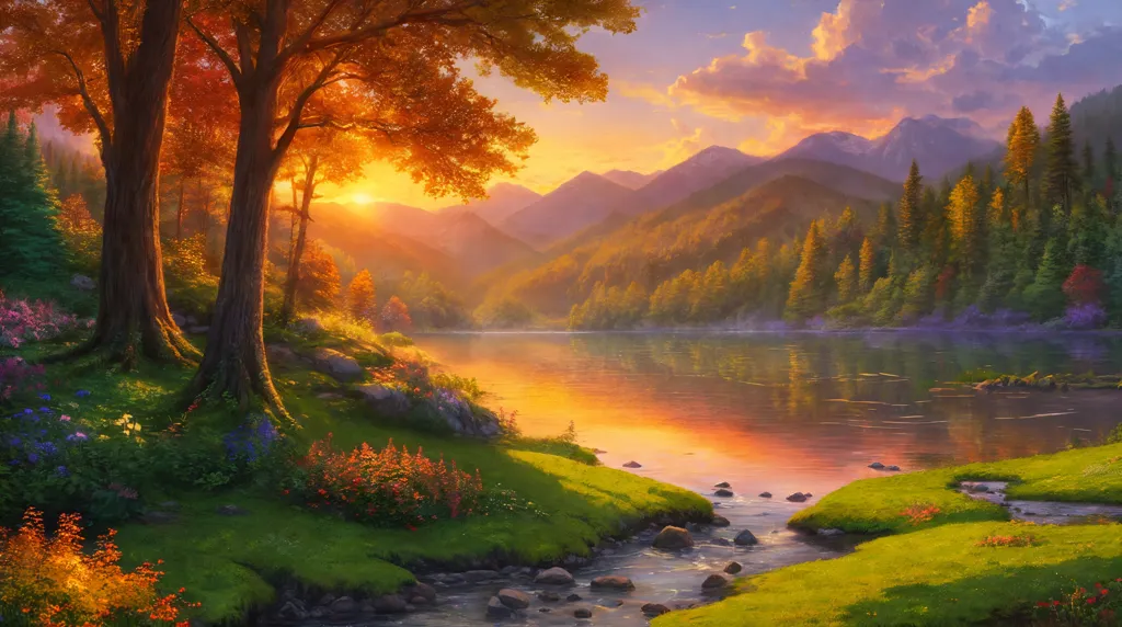 The image is a beautiful landscape painting. It shows a wide river in the foreground, with a forest of deciduous trees on the left bank and a mountain range in the distance. The sky is a gradient of orange and yellow, with a few clouds. The sun is setting over the mountains. The image is full of warm colors and has a very peaceful and serene feeling to it.