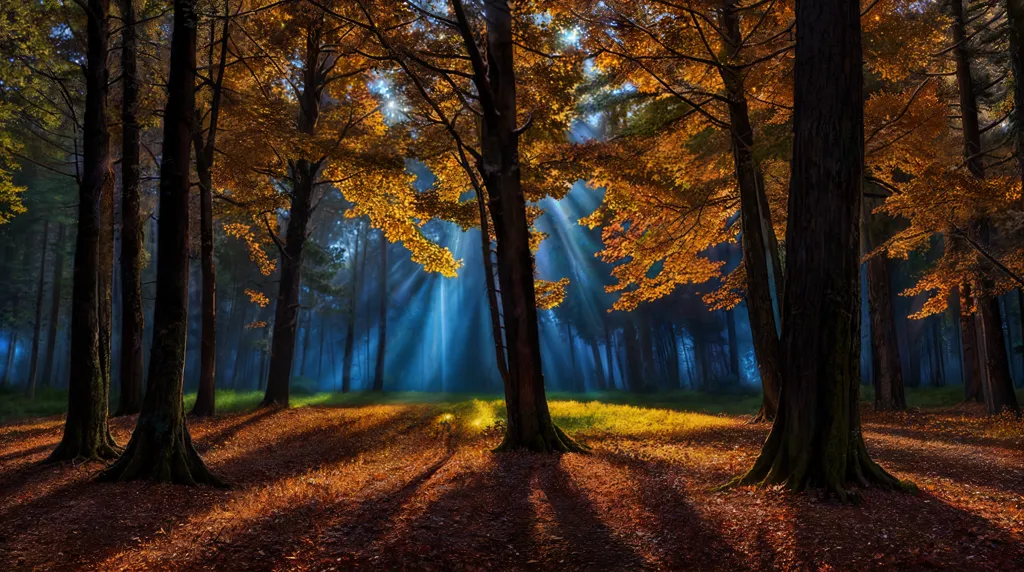 Esta é uma imagem de uma bela floresta. As árvores são altas e majestosas, e as folhas são de um amarelo, laranja e vermelho vibrantes. O sol brilha intensamente, criando um padrão malhado no chão da floresta. Há uma leve névoa no ar, o que adiciona uma atmosfera mágica. A floresta está silenciosa e tranquila, exceto pelo ocasional farfalhar das folhas quando uma brisa passa. É um dia perfeito para dar um passeio na floresta e desfrutar da beleza da natureza.