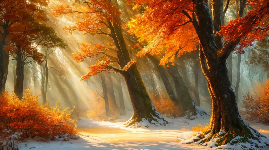 The image is a beautiful landscape of a forest in the fall. The trees are tall and majestic, and their leaves are a vibrant orange and yellow. The sun is shining brightly, and its rays are filtering through the trees. There is a light snow on the ground, which adds to the beauty of the scene. The forest is peaceful and serene, and it is a perfect place to relax and enjoy nature.