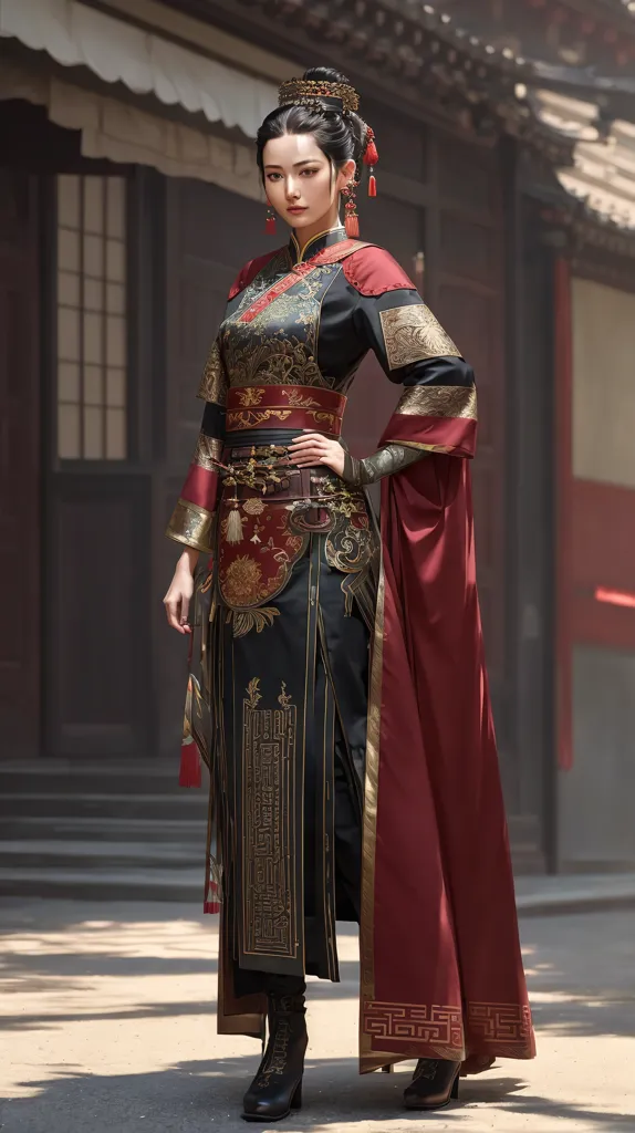 A imagem mostra uma mulher vestindo um vestido tradicional chinês. O vestido é preto com detalhes em dourado e vermelho. A mulher tem o cabelo preso em um coque e está usando um adereço de cabeça vermelho e dourado. Ela também está usando batom vermelho e tem unhas longas e vermelhas. A mulher está em pé em frente a um edifício tradicional chinês.