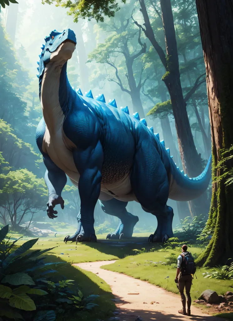 The image is a digital painting of a dinosaur in a forest. The dinosaur is blue and has a long neck and a large body. It is standing in a clearing in the forest, and there is a man standing on a path in the foreground. The man is wearing a backpack and is looking at the dinosaur in awe. The forest is full of tall trees and lush vegetation, and the sun is shining through the trees. The image is very realistic and the dinosaur is depicted in great detail.