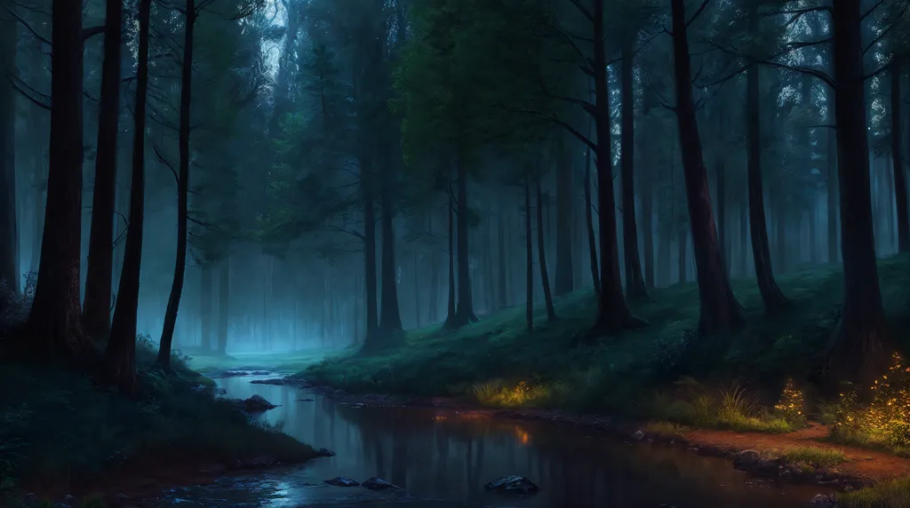 The image is a dark and mysterious forest. The trees are tall and the branches are thick, creating a dense canopy that blocks out the sun. The ground is covered in a thick layer of leaves and moss. There is a river running through the forest, and the sound of the water is the only thing that can be heard. The forest is full of shadows and it is easy to imagine that there are creatures lurking in the darkness.