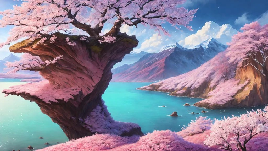 The image is a beautiful landscape of a lake in the mountains. The sky is blue and cloudy, and the mountains are covered in snow. The lake is surrounded by cherry blossom trees, which are in full bloom. The petals of the cherry blossoms are a delicate shade of pink, and they are fluttering in the breeze. The image is peaceful and serene, and it captures the beauty of nature.