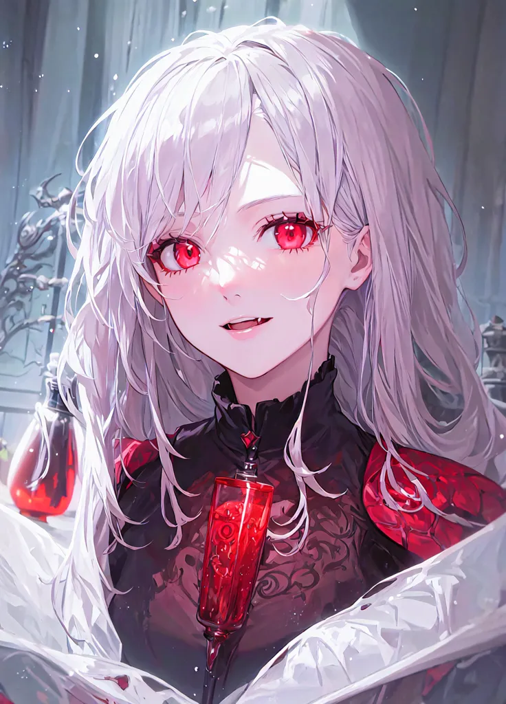 La imagen es una pintura de una hermosa mujer joven con el cabello blanco largo y ojos rojos. Ella está usando un vestido negro con un corsé rojo. Hay un vial rojo en su mano. El fondo es una mancha de gris y blanco.