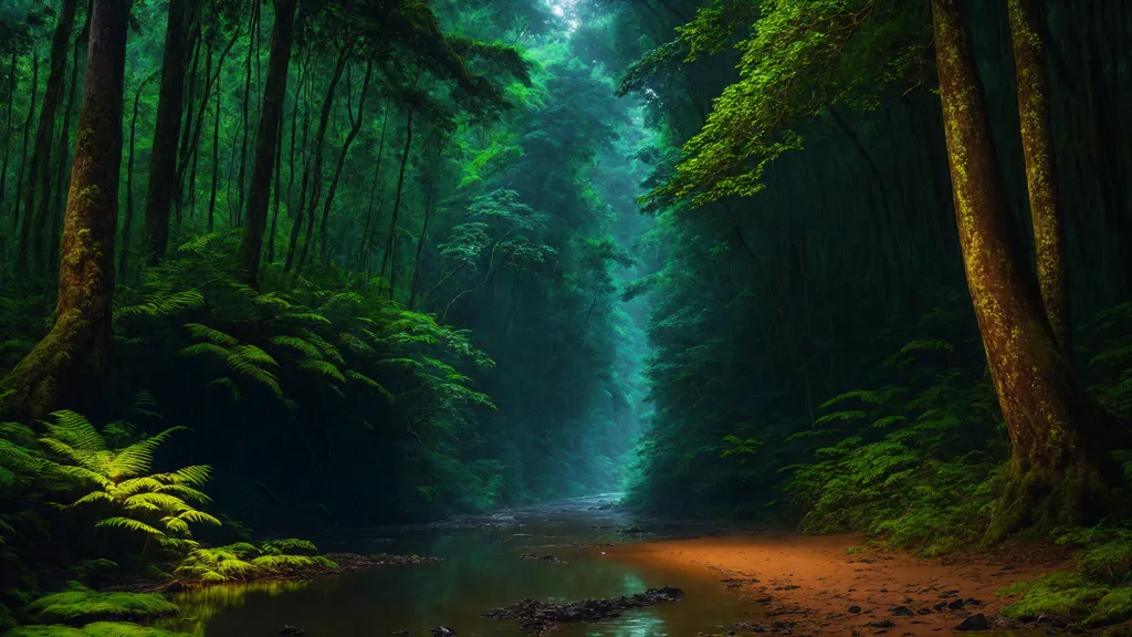 The image is a photo of a lush green forest. The trees are tall and straight, and the leaves are a deep green color. The forest is dense, and the sunlight is barely able to penetrate the canopy. There is a river running through the forest, and the water is a clear blue color. The river is shallow, and the bottom is covered with rocks and pebbles. The banks of the river are covered with moss and ferns. The forest is home to many different animals, including birds, deer, and squirrels. The forest is a beautiful and peaceful place, and it is a great place to relax and enjoy nature.