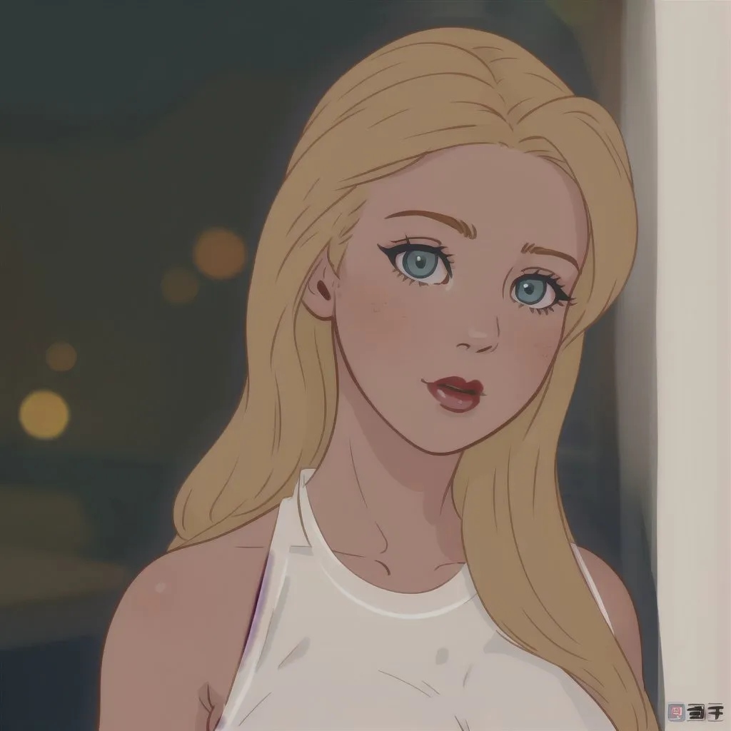 The image is a digital painting of a young woman with long, flowing blonde hair. She is wearing a white tank top and has a soft, gentle expression on her face. The background is a blurry cityscape at night.