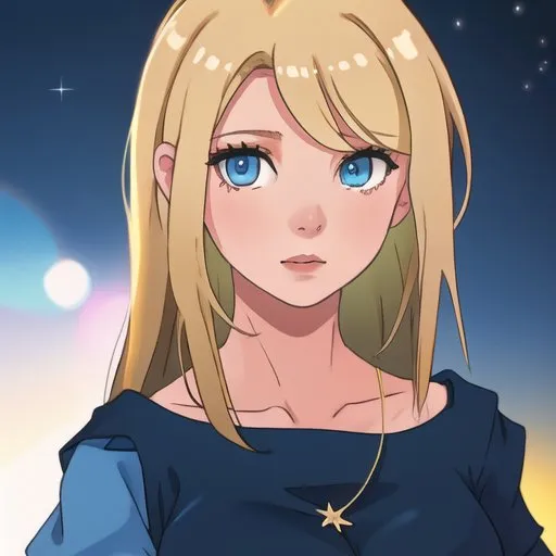 The image shows a young woman with long, flowing blonde hair and blue eyes. She is wearing a simple blue shirt and a necklace with a star-shaped pendant. The background is a starry night sky. The woman's expression is one of calm contemplation. She seems to be lost in thought, perhaps about something important. The image is drawn in a realistic style, and the colors are vibrant and lifelike.