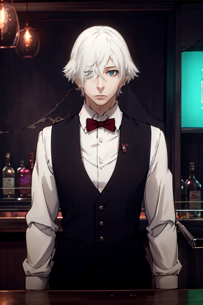 The image shows a young man with white hair and blue eyes. He is wearing a black vest, a white shirt, and a red bow tie. He is standing in a bar, and there are bottles of alcohol on the shelves behind him. The man has a serious expression on his face. He is looking at the camera.