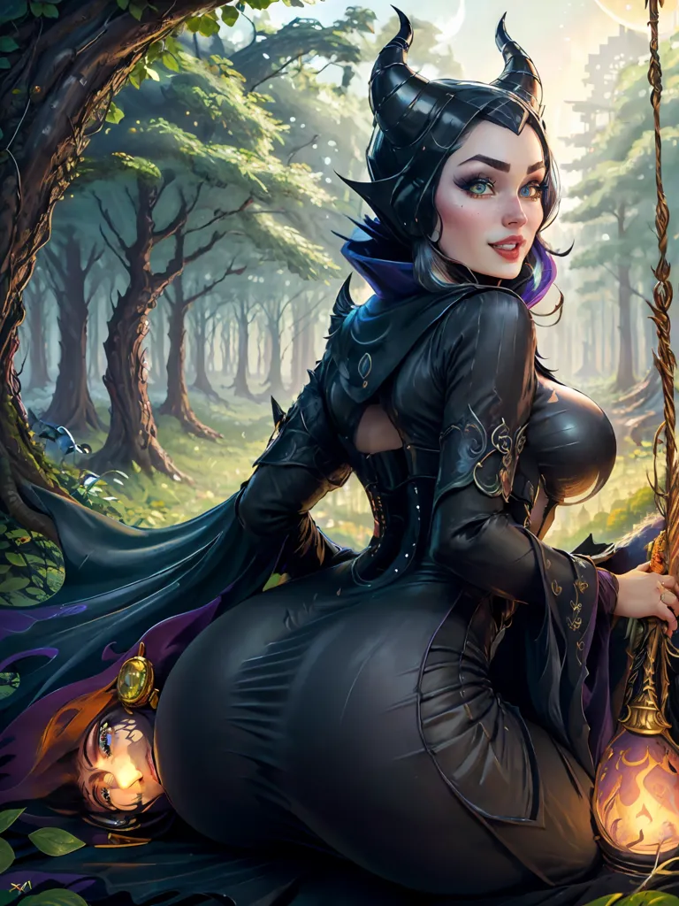 The picture shows a woman dressed in a black dress with a purple cape. She has black horns on her head and purple eyes. She is sitting on a swing in the forest. There is a small figure of a man lying on the ground next to her.