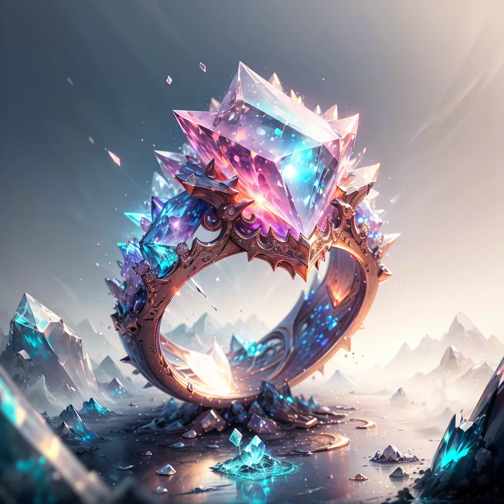 The image is a beautiful rendering of a magical ring. The ring is made of gold and set with a large, clear crystal. The crystal is surrounded by smaller crystals of different colors, including blue, green, and purple. The ring is lying on a bed of snow and ice. In the background, there are snow-capped mountains. The image is very detailed and realistic. The artist has used a variety of techniques to create a sense of depth and realism. The image is also very colorful and vibrant. The colors of the crystals are very saturated and eye-catching. The image is sure to appeal to anyone who loves fantasy art.