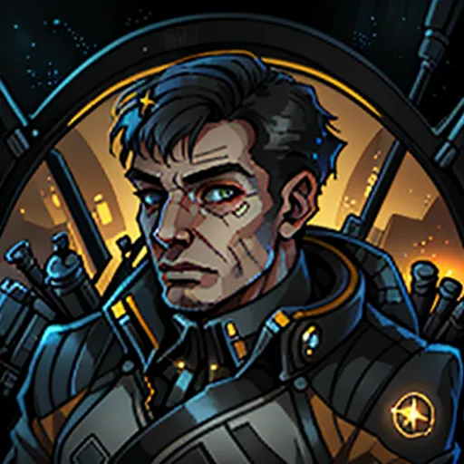 The image is a portrait of a male character with short black hair and green eyes. He is wearing a black and yellow spacesuit with a star on the shoulder. He has a scar on his left cheek. He is standing in front of a spaceship with a futuristic city in the background.