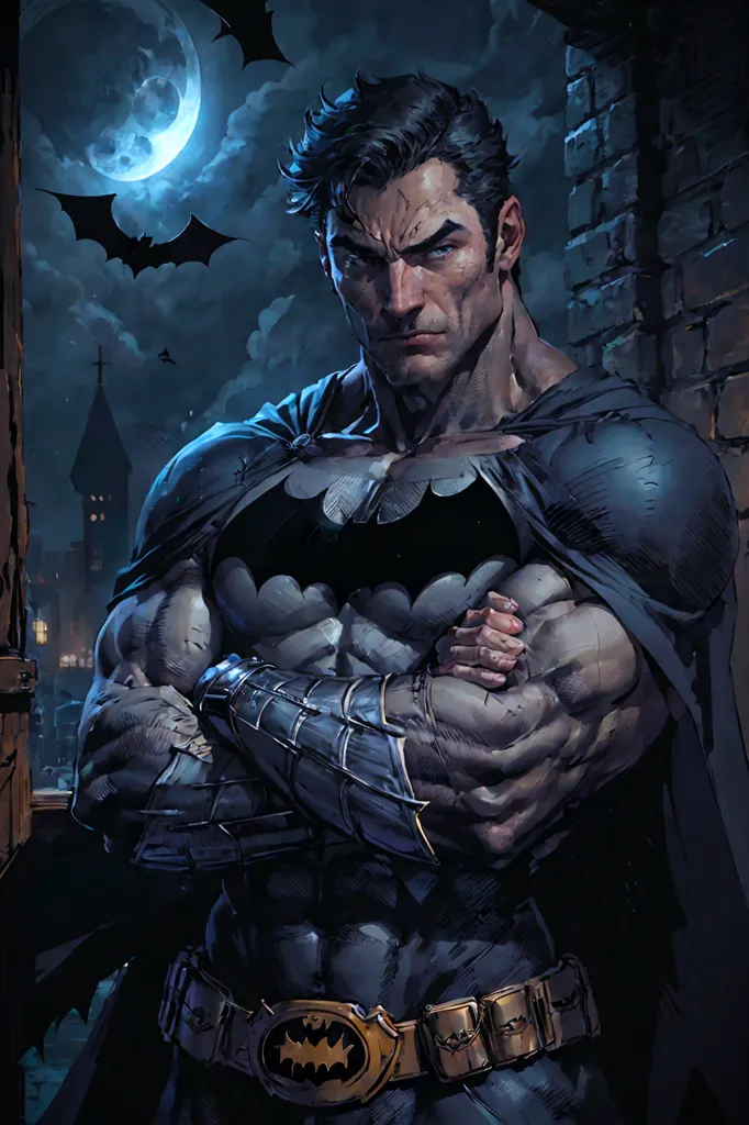 This is an image of Batman, a fictional superhero appearing in American comic books published by DC Comics. The character was created by artist Bob Kane and writer Bill Finger, and first appeared in the 27th issue of the comic book Detective Comics on March 30, 1939. In the story, Batman is the secret identity of Bruce Wayne, a wealthy American playboy who becomes a costumed vigilante after witnessing the murder of his parents as a child. Batman operates in the fictional Gotham City, using his wealth, intellect, and physical prowess to fight crime and protect the innocent.

In this image, Batman is depicted as a muscular man with short black hair and blue eyes. He is wearing a black and gray Batsuit with a yellow bat symbol on his chest. He is standing in a dark alleyway, with the moon in the background. He has his arms crossed and is looking at the viewer with a determined expression.