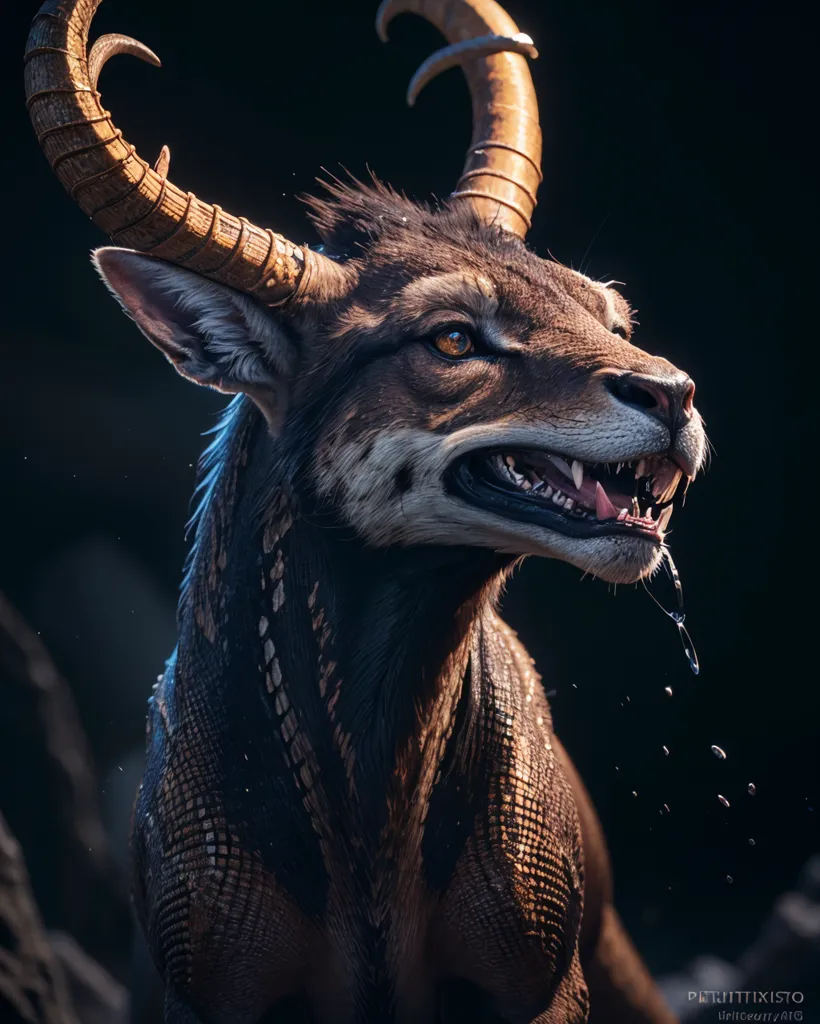 L'image représente une créature sombre et mystérieuse avec la tête d'un bouc et le corps d'un lion. Elle a de longues cornes recourbées et une épaisse crinière de fourrure. Ses yeux sont d'un jaune profond et perçant, et ses dents sont découvertes dans un grognement. La créature se tient dans un paysage rocheux et montagneux, entourée d'un épais brouillard. L'image est à la fois belle et terrifiante, et elle laissera certainement une impression durable sur les spectateurs.