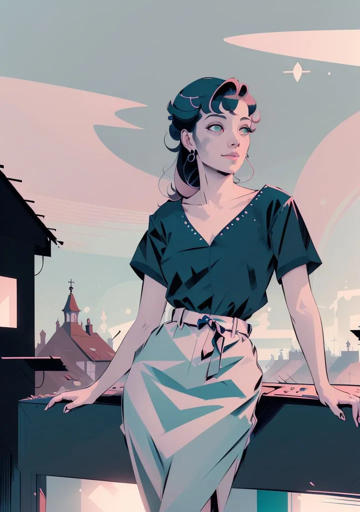 The image is of a young woman standing on a rooftop, looking out over a city. She is wearing a black blouse and gray skirt. Her hair is dark and short. She is leaning against a railing. The background is a cityscape with blue sky and white clouds. The image has a retro, 1950s feel to it.