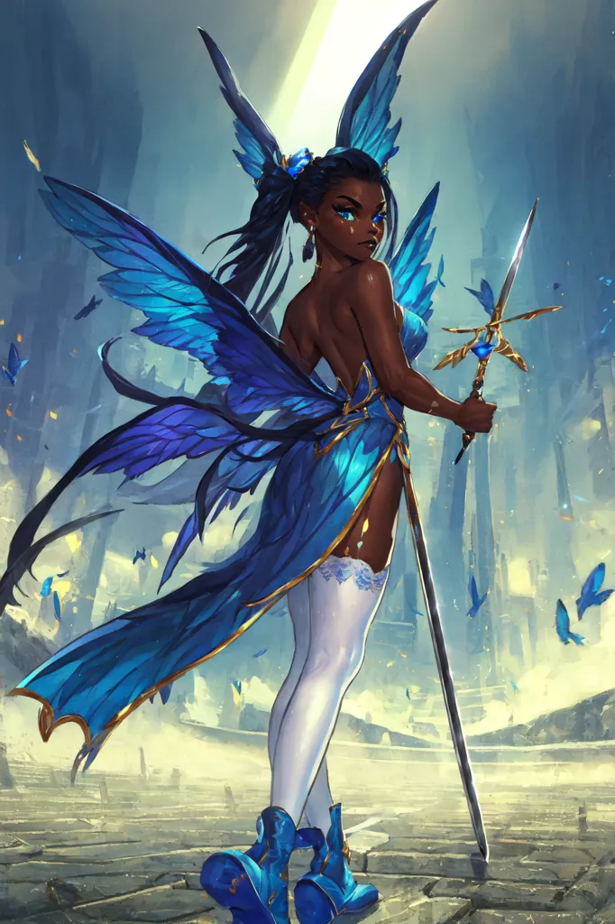 This is an image of a dark-skinned fairy with blue butterfly wings. She is wearing a blue dress with a white camisole and white stockings. She is also wearing blue boots and has a sword in her right hand. She is standing in a ruined city with large buildings and broken columns. There are also butterflies flying around her.