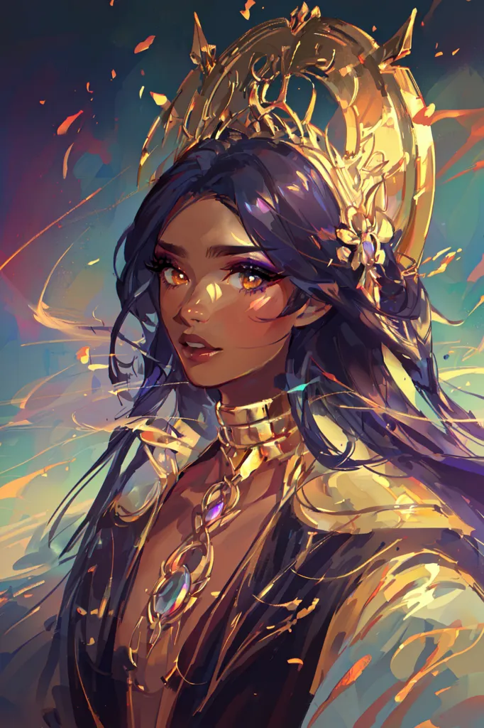 This is an image of a woman with dark skin and dark hair. She is wearing a golden crown and a golden necklace with a blue gem in the center. She is wearing a dark blue dress with gold trim. She has a confident expression on her face. The background is a dark blue with a bright light on the left side.