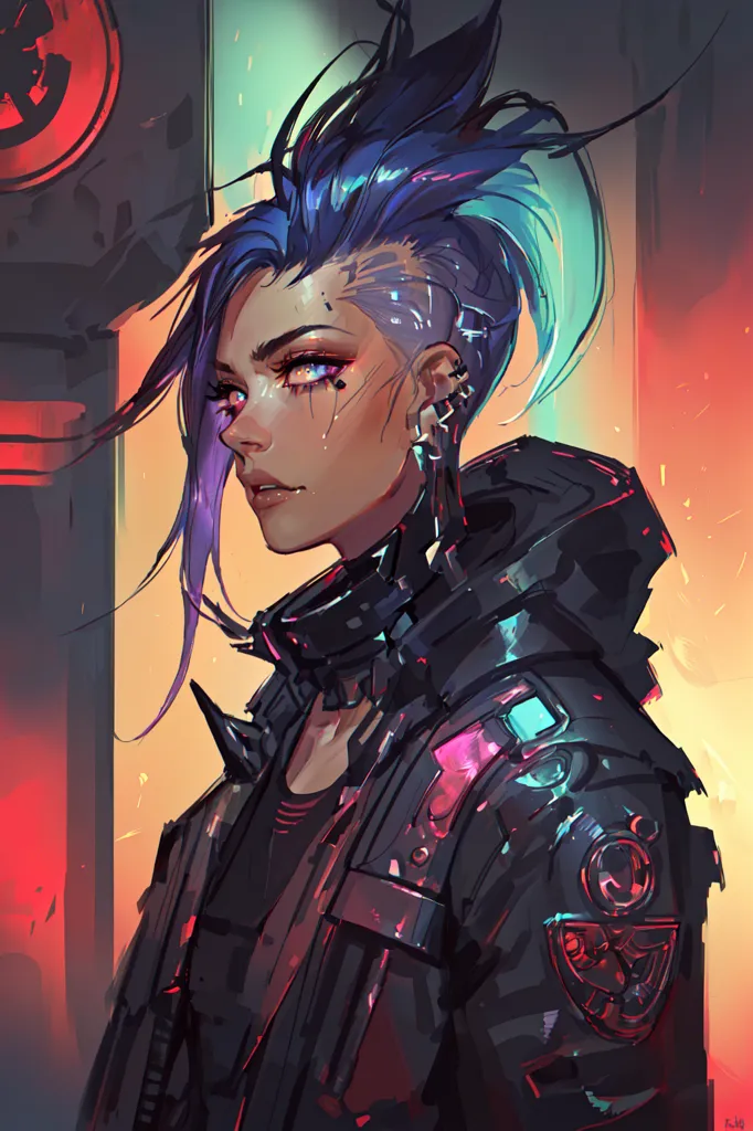 Seorang wanita muda dengan rambut biru dan ungu berdiri di depan latar belakang merah. Dia mengenakan jaket hitam dan memiliki ekspresi serius di wajahnya. Gambar ini bergaya cyberpunk, dan wanita tersebut tampaknya adalah seorang cyborg atau manusia yang dimodifikasi secara lain.