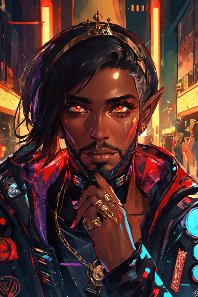 This is a portrait of a dark-skinned elf with long black hair. The elf is wearing a black leather jacket with red and blue details and a golden crown. The elf has red eyes and is looking at the viewer with a serious expression. The background is a blurred cityscape with bright lights.