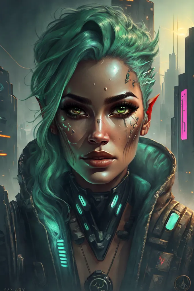 This is an image of a woman with green hair and eyes. She has a lot of piercings on her face and ears. She is wearing a black leather jacket and has a gun in her hand. She is standing in front of a city at night. The city is full of tall buildings and neon lights.