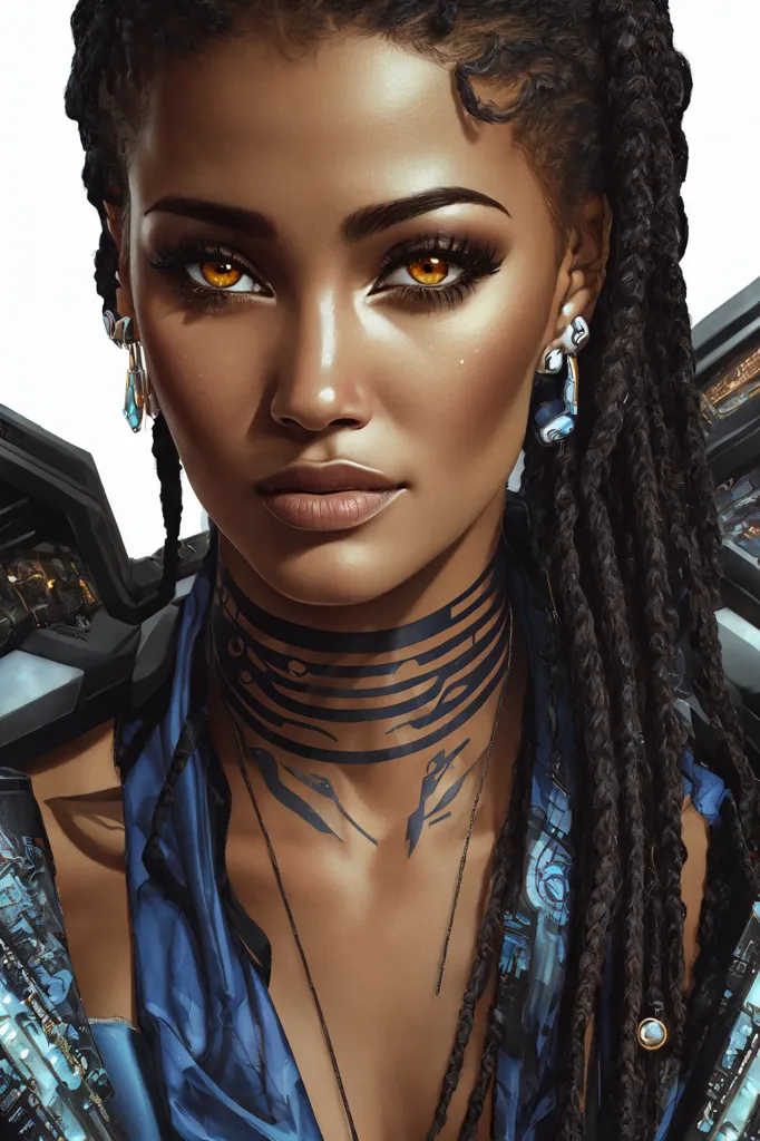 The image is a portrait of a young woman of color. She has dark brown skin, golden eyes, and long black hair styled in two braids. She is wearing a blue and black outfit and has a number of piercings on her face and neck. The background is white and there is a close up of her face.