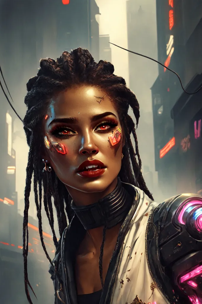 This is a portrait of a young woman of color. She has long black hair styled in two braids. She is wearing a white jacket with a black collar and a black choker. Her right arm is cybernetic. She has red eyeshadow and dark red lipstick. There are several small red lights on her face. She is standing in front of a city at night. The city is full of skyscrapers and neon lights.