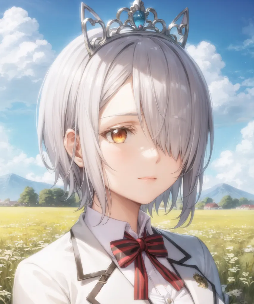 The image is a portrait of a young girl with short white hair and yellow eyes. She is wearing a white shirt with a red bow and a gold crown. The background is a meadow with flowers and mountains in the distance. The girl has a gentle expression on her face.