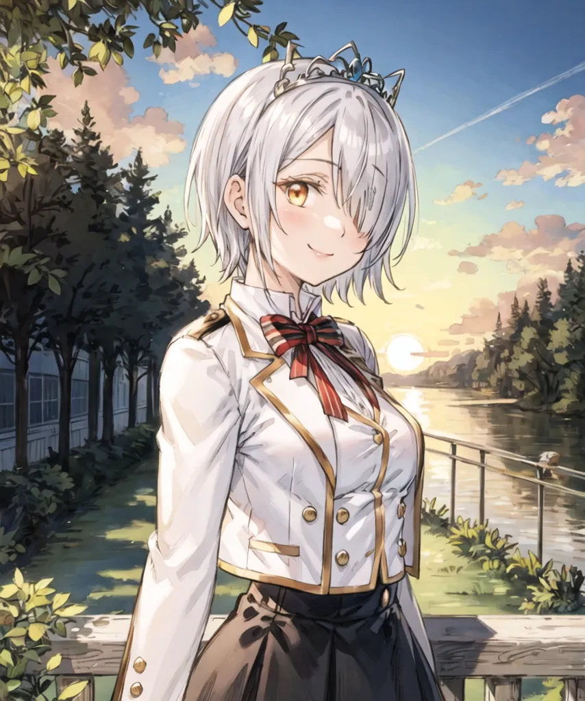 The image shows a young girl with silver hair and yellow eyes. She is wearing a white school uniform with a red ribbon and a black skirt. She is standing on a bridge, leaning on the railing and looking at the view. The background is a lake with trees and a blue sky.