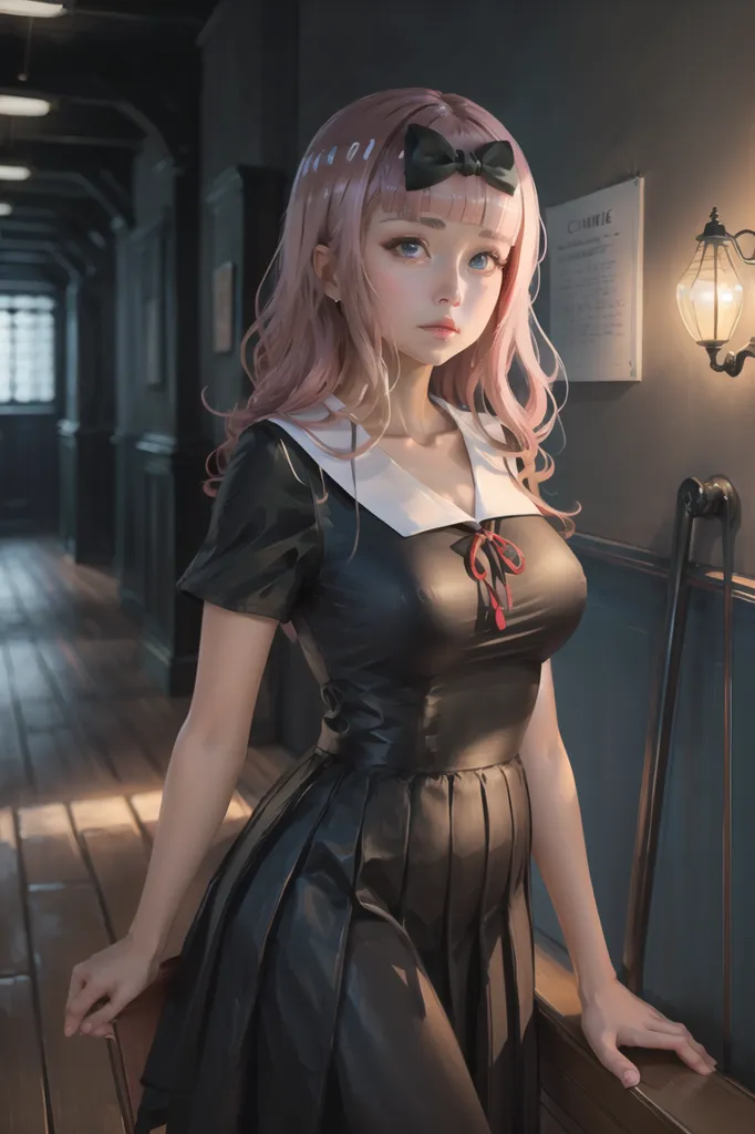 The image is a portrait of a young woman with pink hair, blue eyes, and a shy expression on her face. She is wearing a black dress with a white collar and a red ribbon in her hair. She is standing in a dimly lit room with a wooden floor and a lantern on the wall.