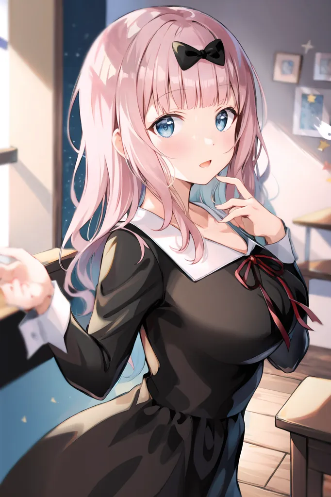 The image shows a young woman with pink hair and blue eyes. She is wearing a black dress with a white collar and a red ribbon. She is standing in a classroom, and there is a chalkboard behind her. She is looking at the viewer with a curious expression on her face.