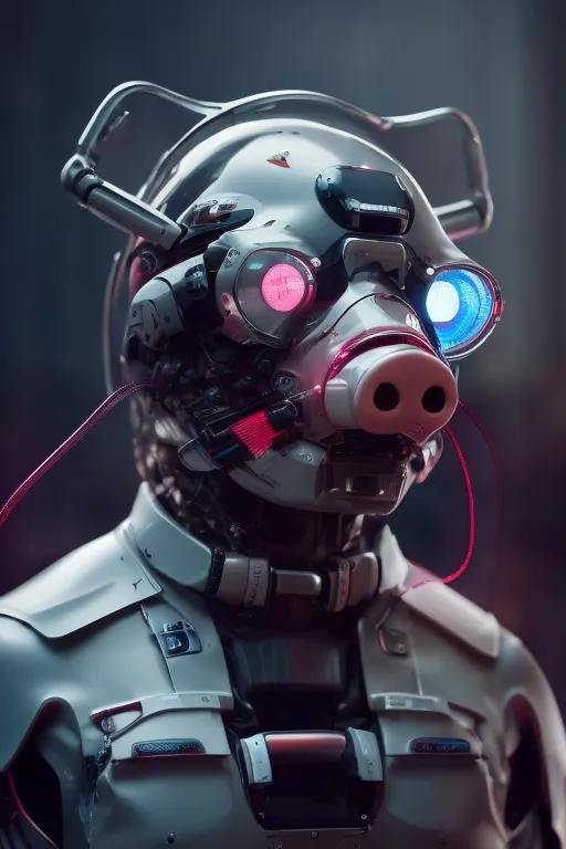 The image is a digital painting of a pig-headed robot. The robot is wearing a white and gray suit with a red scarf. It has a glowing blue eye and a glowing red eye. The robot is standing in front of a dark background.