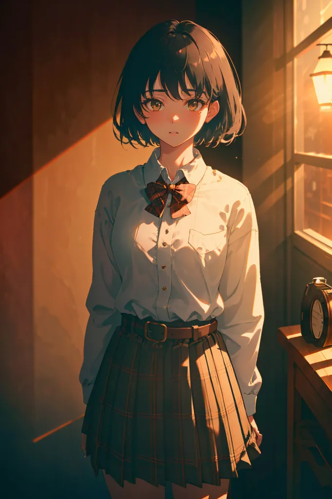 The image is a painting of a young girl with short black hair and brown eyes. She is wearing a white blouse, a brown skirt, and a red bow tie. The girl is standing in a room with a window and a clock on a table. The window is letting in sunlight. The girl's expression is one of sadness or resignation.