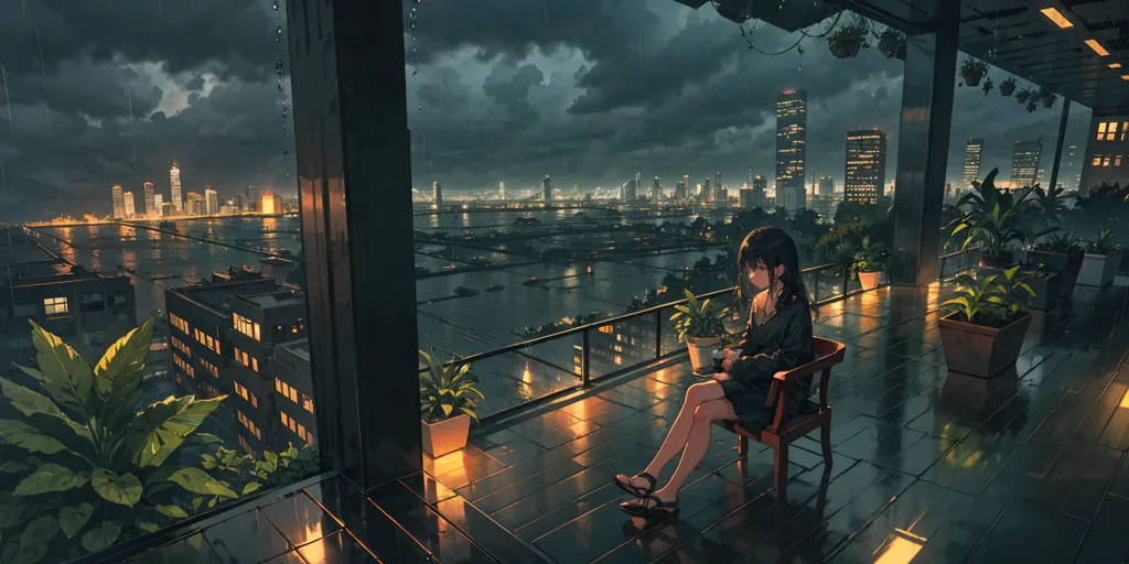 The image is a depiction of a rainy city at night. The viewer is looking at the city from a rooftop. In the foreground, a woman is sitting on a chair in the rain. She is wearing a black dress and has her feet up on the railing of the rooftop. The city is in the background, with tall buildings and lights. The sky is dark and cloudy, and the rain is falling heavily. The image is both beautiful and serene, and it captures the feeling of being alone in a big city.