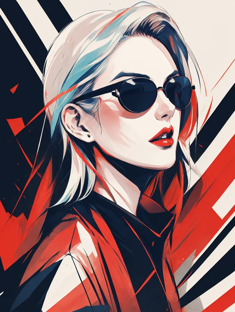 A woman with light blue and white hair is wearing black sunglasses. She has red lipstick on and is wearing a black shirt with a red scarf. There are red and white lines in the background.