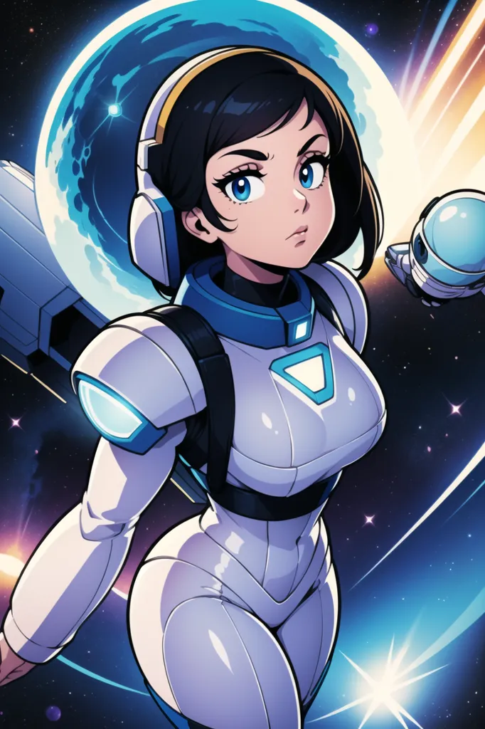 This is an image of a young woman in a white and blue spacesuit with a large gun. She has brown hair and blue eyes and is looking at the viewer with a serious expression. There is a small robot next floating to her. She is standing on a planet with a blue atmosphere and there are stars and a large moon in the back