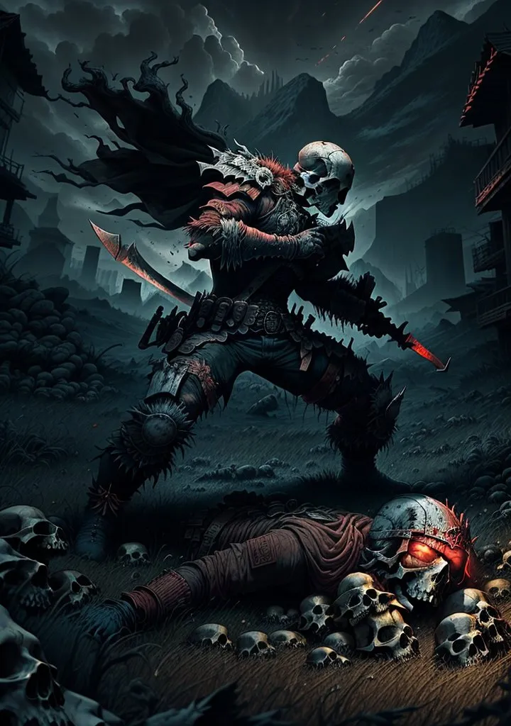 The image is a dark fantasy illustration of a skeletal warrior. The warrior is standing in a field of skulls, and is surrounded by a dark, stormy sky. He is wearing a suit of black armor, and is wielding a pair of swords. His eyes are glowing red, and he has a skull-like mask on his face. He is standing over the body of a defeated warrior, who is lying on the ground, surrounded by skulls.