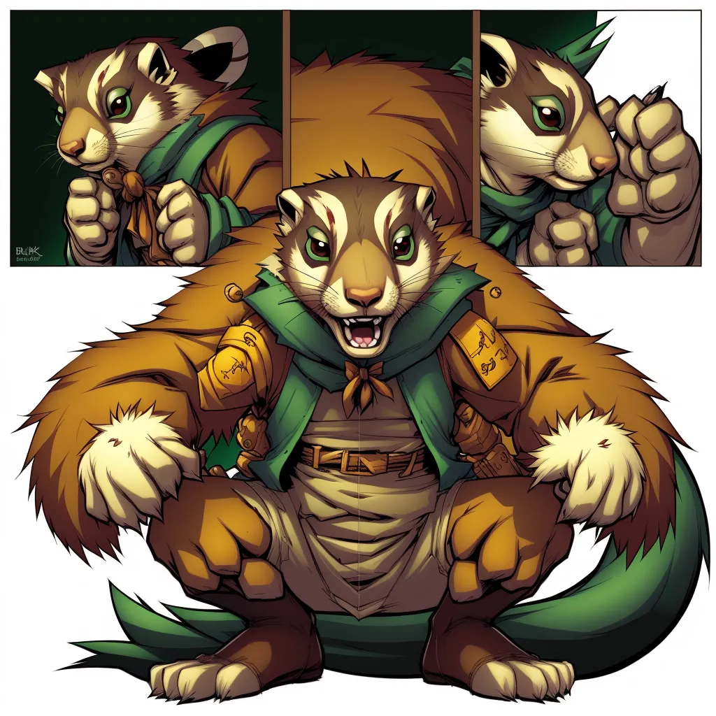 The image shows an anthropomorphic sugar glider. It has brown fur, a white belly, and a green tail. It is wearing a brown shirt and a green hat. It is carrying a backpack and a sword. It has a smug expression on its face.