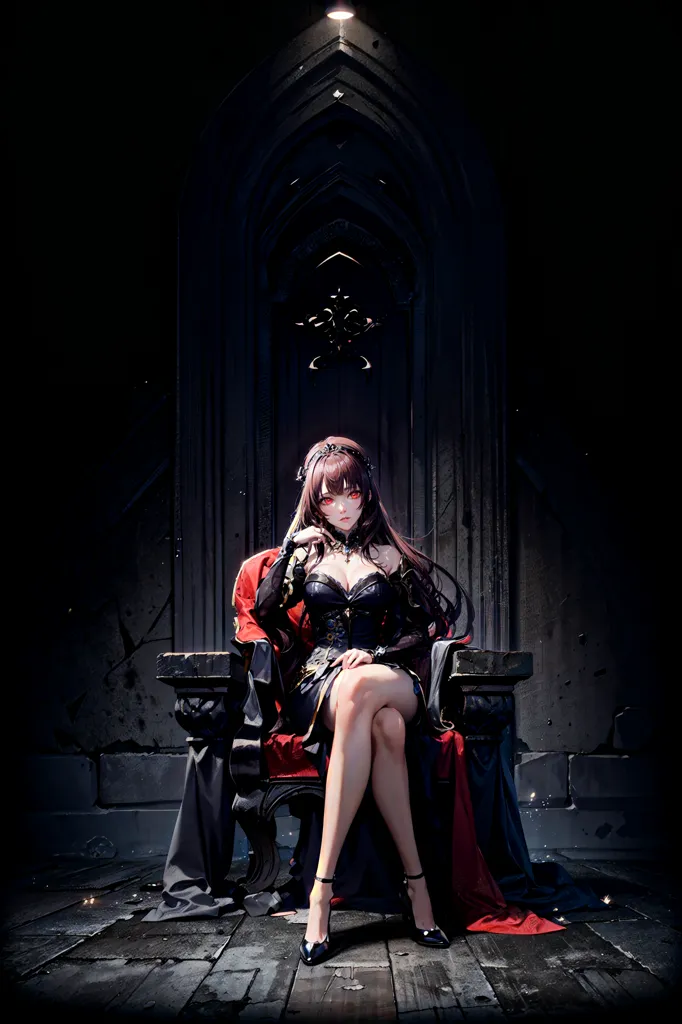 The image is a dark fantasy illustration of a woman sitting on a throne. The woman is wearing a black dress with red accents and has long brown hair and red eyes. She is sitting on a red velvet throne with her legs crossed and is looking at the viewer with a serious expression. The background is a dark stone wall with a large door behind her.