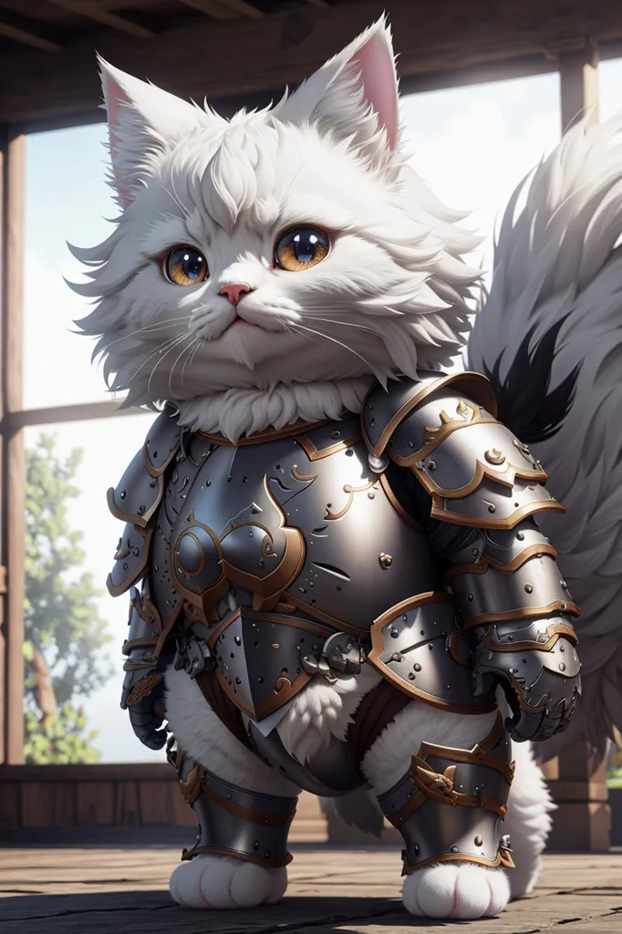 The image shows a white cat wearing armor. The cat is standing on a wooden floor in what appears to be a house. The cat is looking at the viewer with its head tilted to one side. The cat's armor is made of metal and has gold trim. The cat's tail is long and fluffy and it has a white tip.